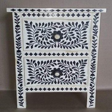 Handmade Bone Inlay Wooden Modern Floral Pattern 2 Drawer  Bedside Furniture