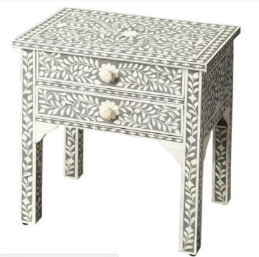 Handmade Bone Inlay Wooden Modern Floral Pattern Bedside with 2 Drawer Furniture.