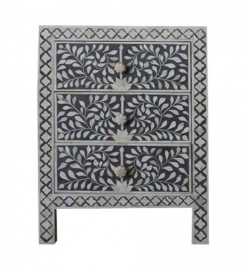 Handmade Bone Inlay Wooden Modern Floral Pattern with 3 Drawer Bedside Furniture.