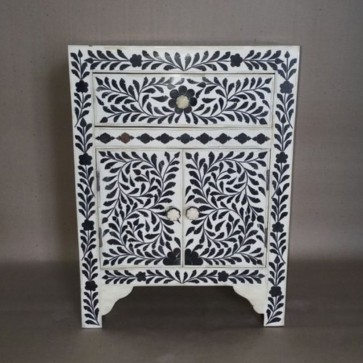 Handmade Bone Inlay Antique Home Decor Floral Pattern 1 Drawer and 2 Door Bedside Furniture