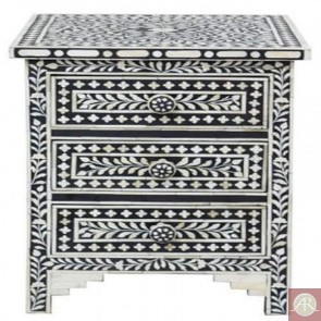 Handmade Bone Inlay Wooden Modern Floral Pattern Bedside with 3 Drawer Furniture .