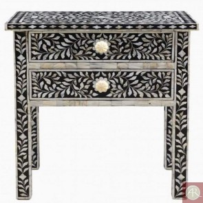 Handmade Bone Inlay Wooden Modern Floral Pattern Bedside with 2 Drawer Furniture .