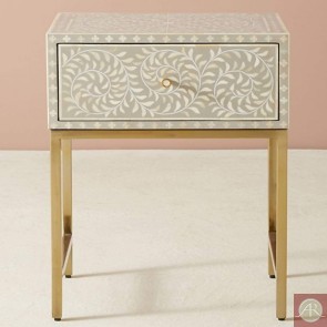 Handmade Bone Inlay Wooden Modern Floral Pattern Bed Side Furniture.