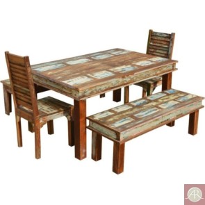 Handmade Rustic Solid Wood Dining Table with 2 Chairs & 2 Benches Set