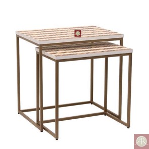 Handmade Bone Inlay Wooden Modern Teak Wood Pattern End Table Furniture Setup - 2
