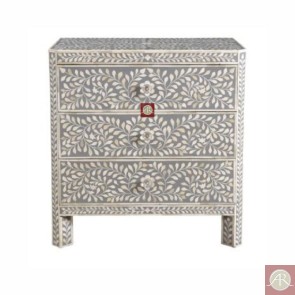 Handmade Mother of Pearl Inlay Wooden Modern Floral Pattern 3 Drawer Bedside Furniture
