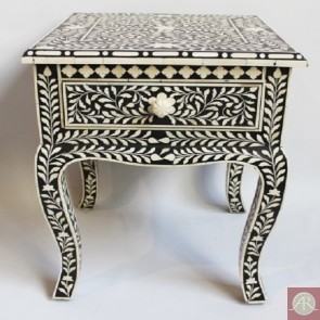 Handmade Bone Inlay Wooden Modern Floral Pattern Bedside with 1 Drawer Furniture .