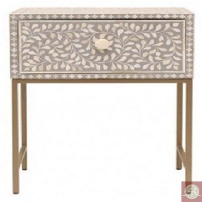 Handmade Bone Inlay  Wooden Modern Floral Pattern 1 Drawer End Table Furniture