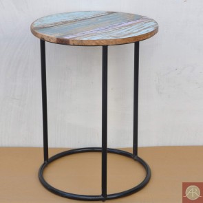 Handmade Solid Reclaimed Rustic Burn Wood Metal Base Side End Table-Stool