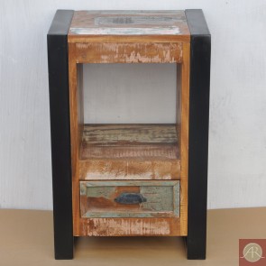 Handmade Solid Reclaimed Rustic Burn Wood Metal Bedside  End Table-Nightstand