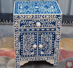 Handmade Bone Inlay Wooden Modern Floral Pattern Bedside with 1 Drawer and 2 Door Furniture .